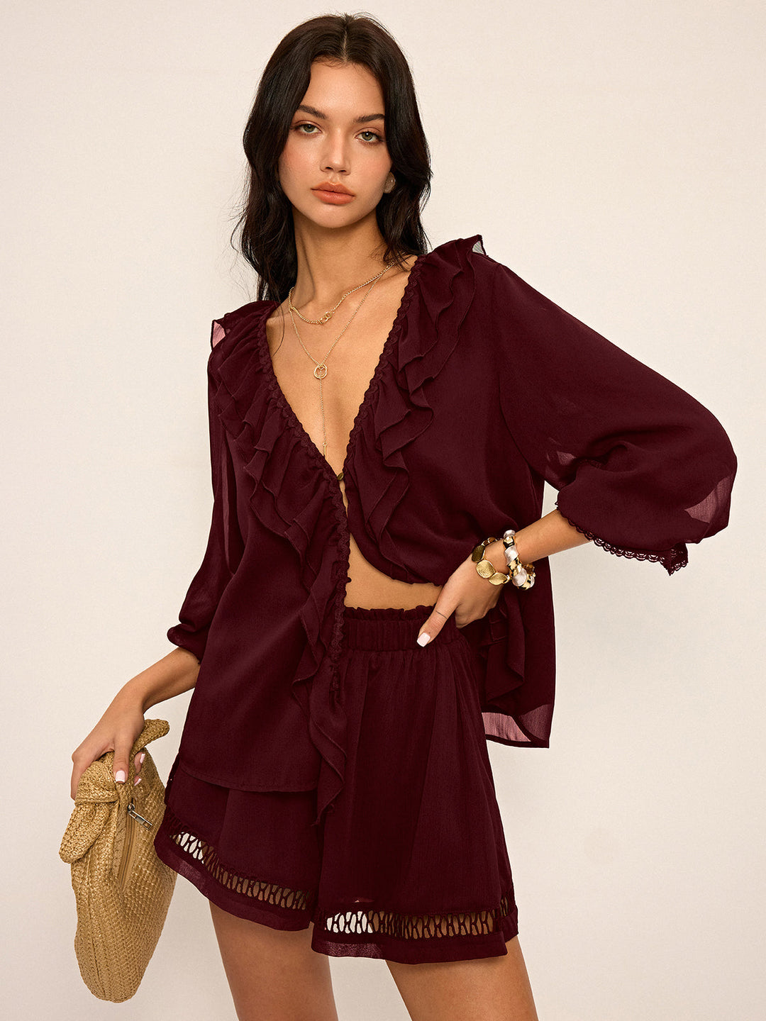 Ruffled Button Chiffon Top and Shorts Set  Liora Lane Boutique Short Sets Burgundy / XL 64.00