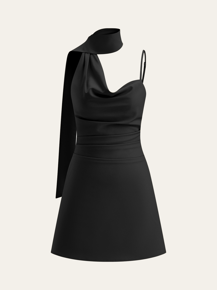 Cowl Neck Mini Dress with Asymmetric Sash Detail  Liora Lane Boutique Dresses Black / XL 36.00