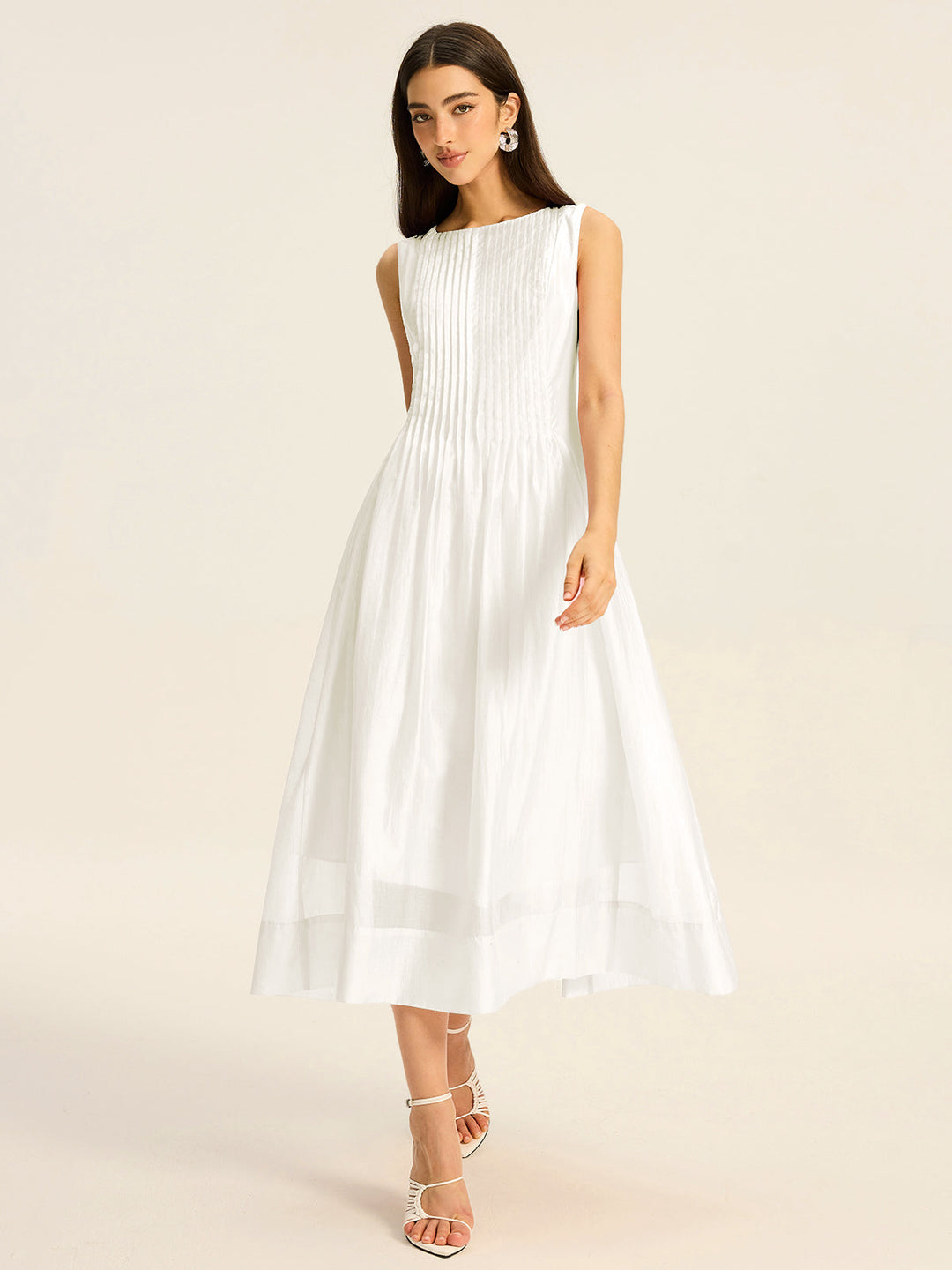Semi-Sheer Tencel Pleated Sleeveless Midi Dress  Liora Lane Boutique Dresses White / XL 52.00
