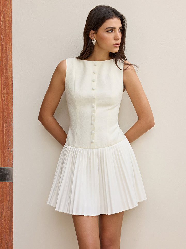 Button-Front Panel Pleated Hem Mini Dress  Liora Lane Boutique Dresses