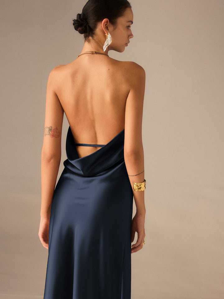Satin Halter-Neck Backless Maxi Dress  Liora Lane Boutique Dresses Navy / XL 84.99