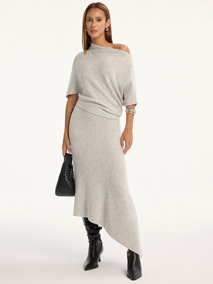 Asymmetric Wool-Blend Midi Skirt  Liora Lane Boutique Sweater Skirts Light Grey / XL 52.00