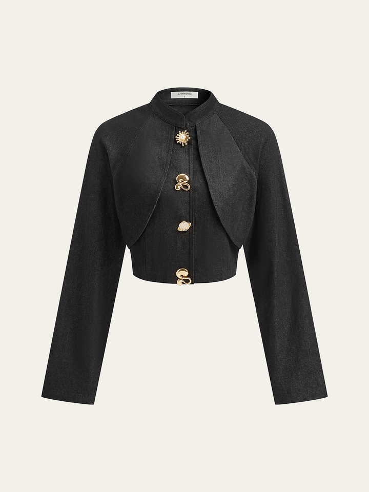 Metal Detail Cropped Denim Jacket  Liora Lane Boutique Denim Jackets & Coats Black / XL 49.00