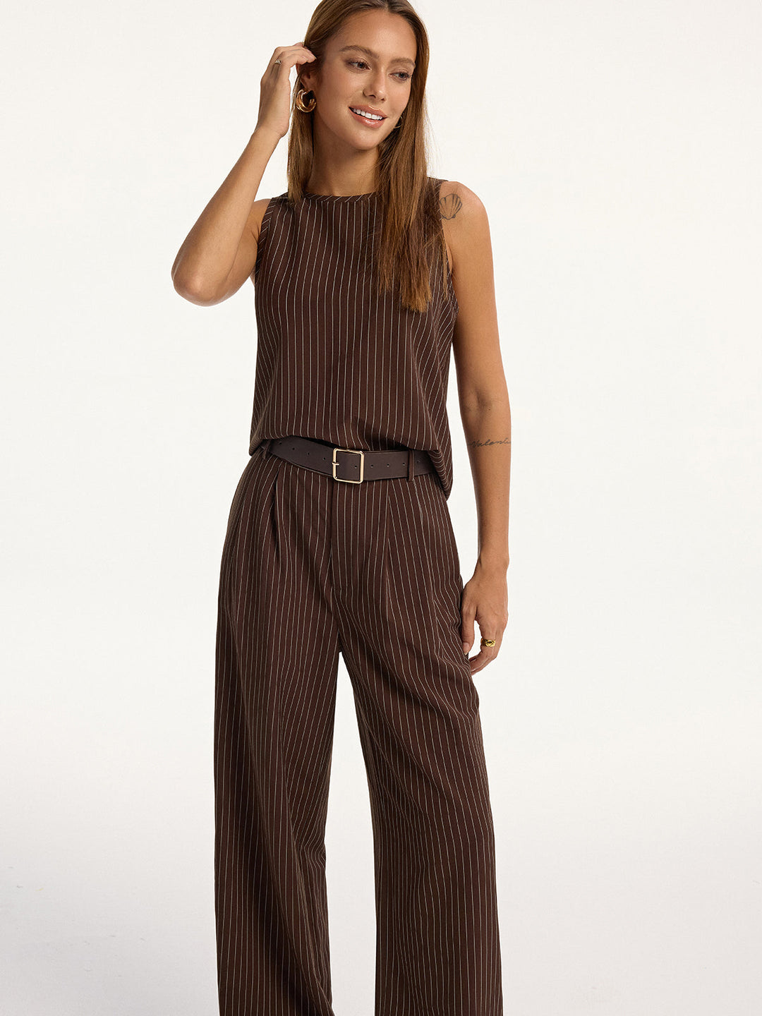 Pinstripe Sleeveless Top and Pants Set with Belt  Liora Lane Boutique Pant Sets