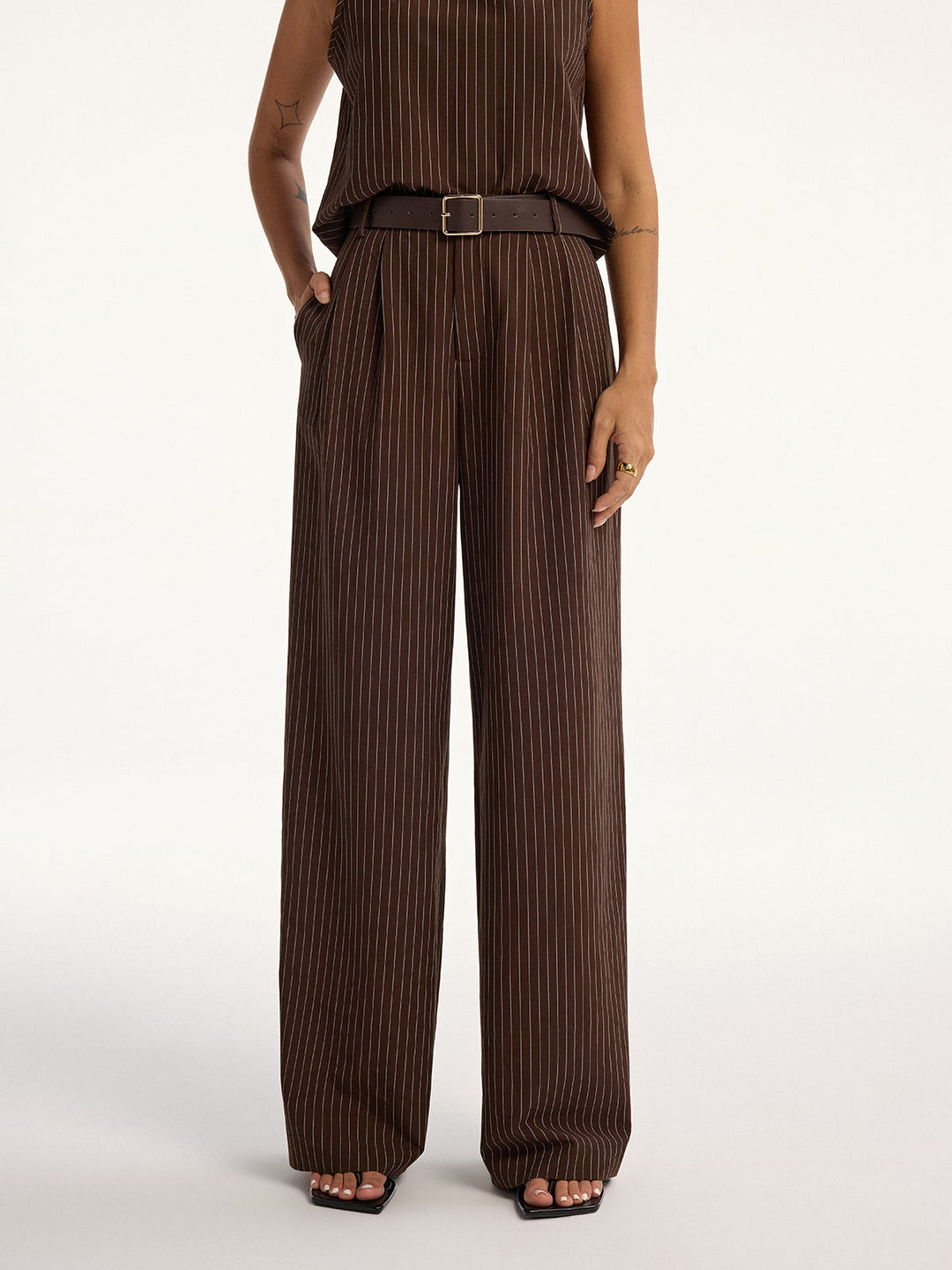 Pinstripe Sleeveless Top and Pants Set with Belt  Liora Lane Boutique Pant Sets