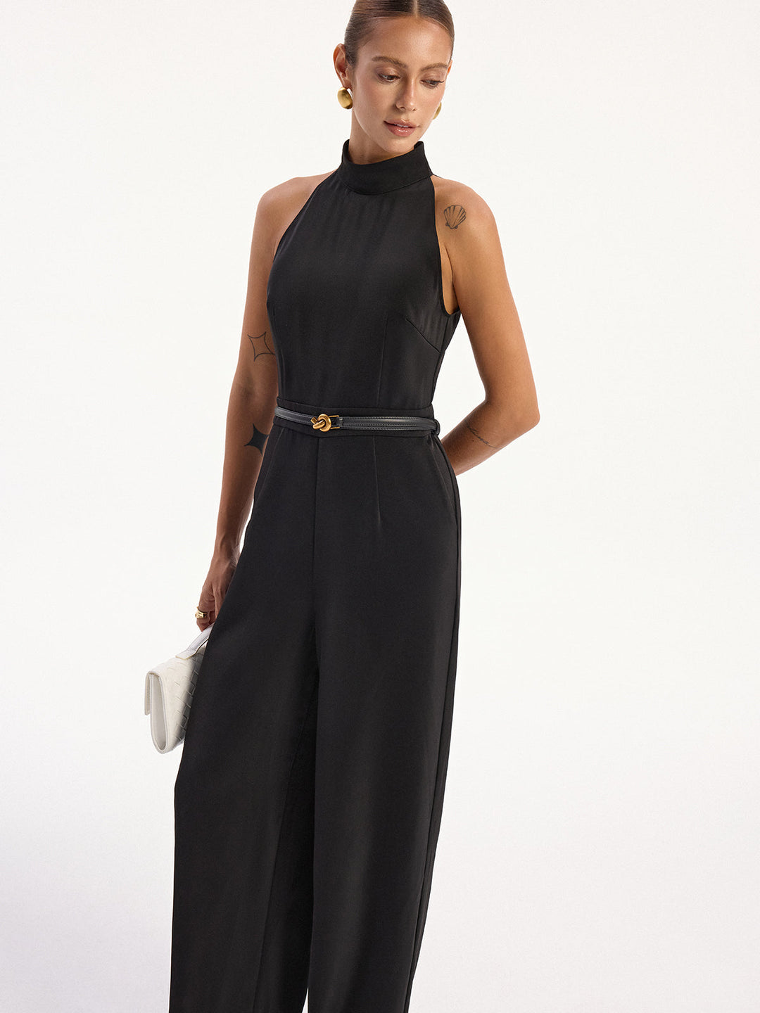 Satin Halter Neck Back Slit Jumpsuit without Belt  Liora Lane Boutique Jumpsuits
