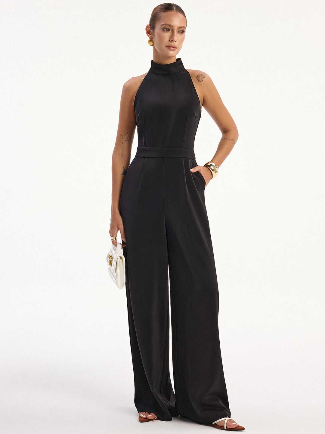 Satin Halter Neck Back Slit Jumpsuit without Belt  Liora Lane Boutique Jumpsuits