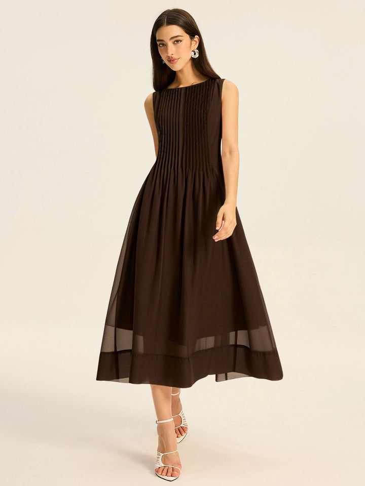 Semi-Sheer Tencel Pleated Sleeveless Midi Dress  Liora Lane Boutique Dresses Dark Brown / XL 52.00