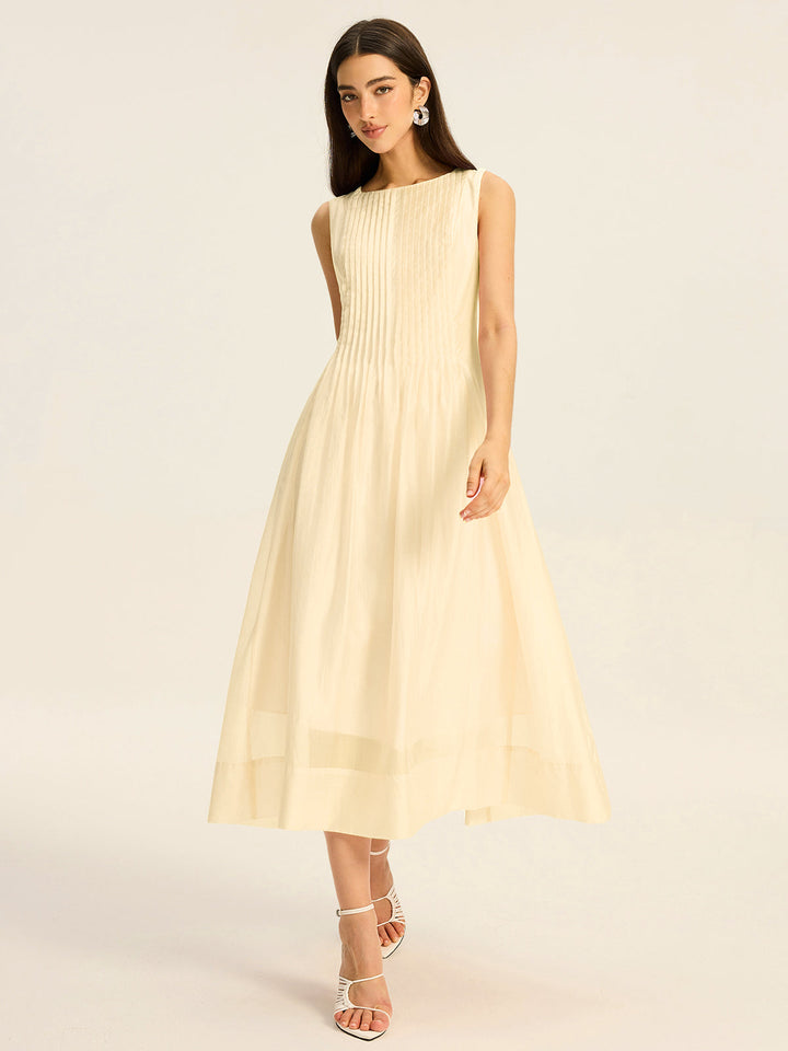 Semi-Sheer Tencel Pleated Sleeveless Midi Dress  Liora Lane Boutique Dresses Yellow / XL 52.00