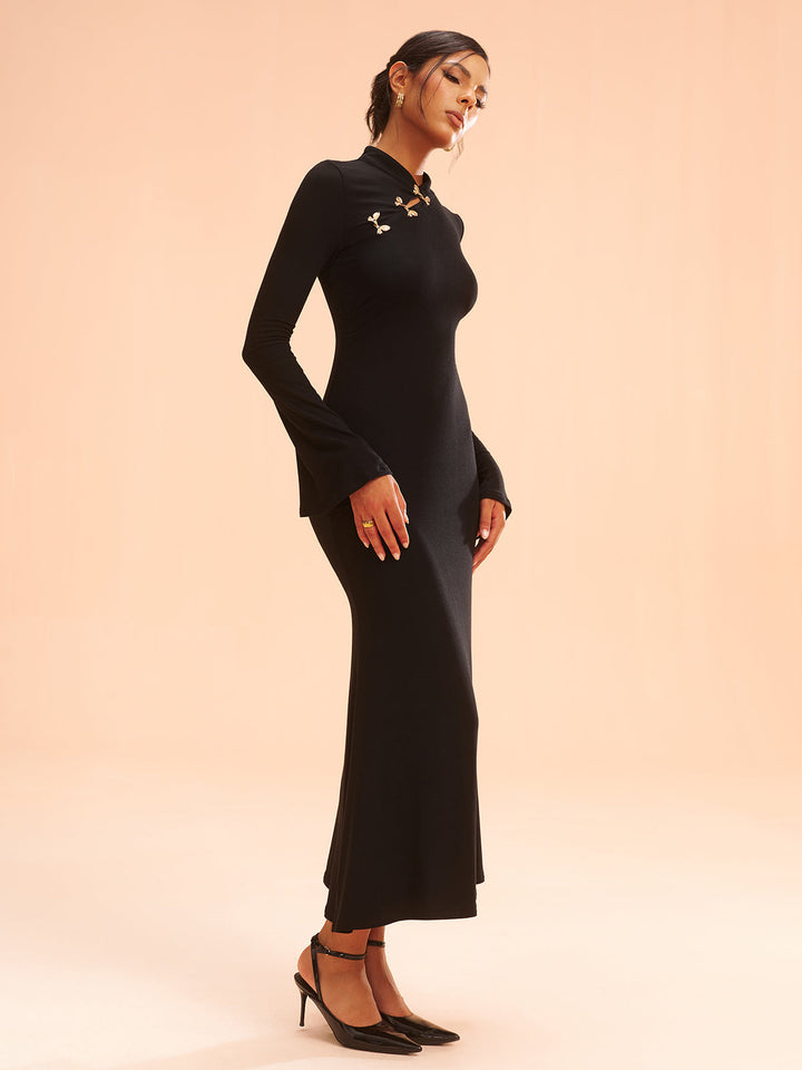 Metal Bow Detail Stand Collar Maxi Dress  Liora Lane Boutique Dresses