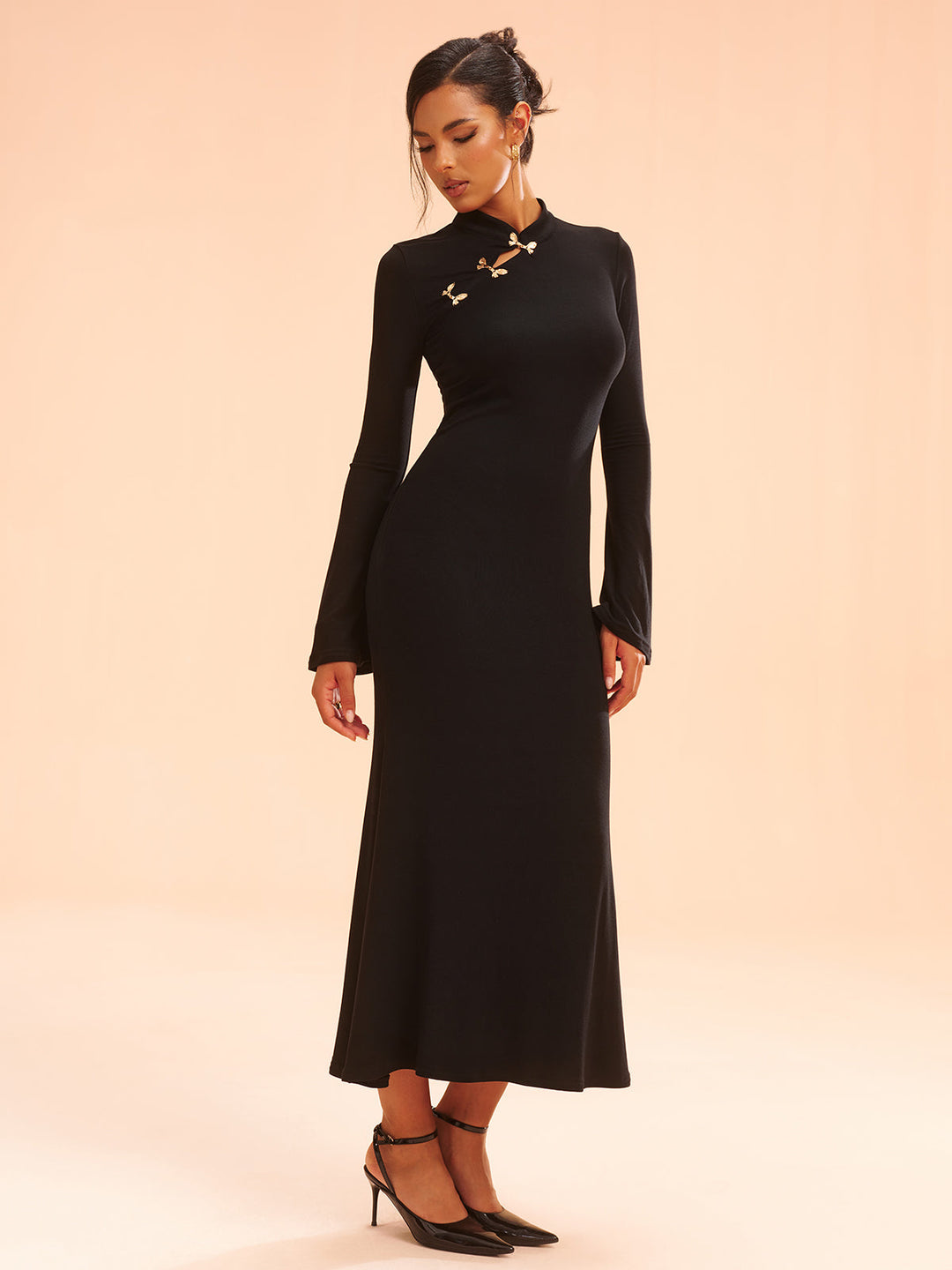 Metal Bow Detail Stand Collar Maxi Dress  Liora Lane Boutique Dresses