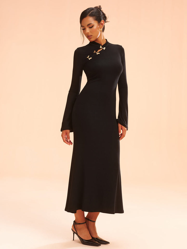 Metal Bow Detail Stand Collar Maxi Dress  Liora Lane Boutique Dresses