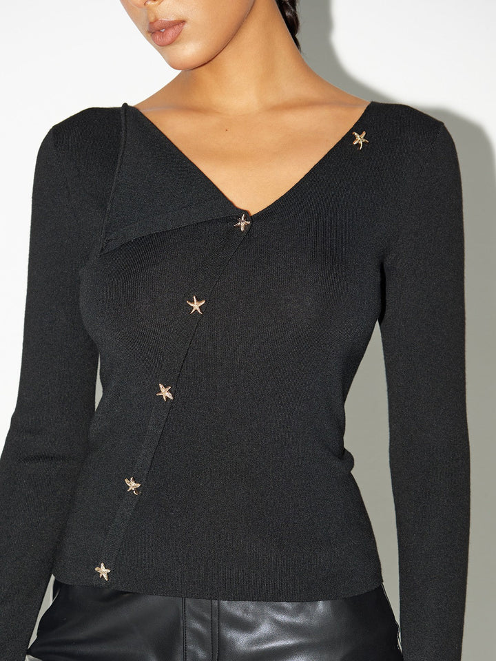 Asymmetric Star-Button Knit Top  Liora Lane Boutique Knit Tops