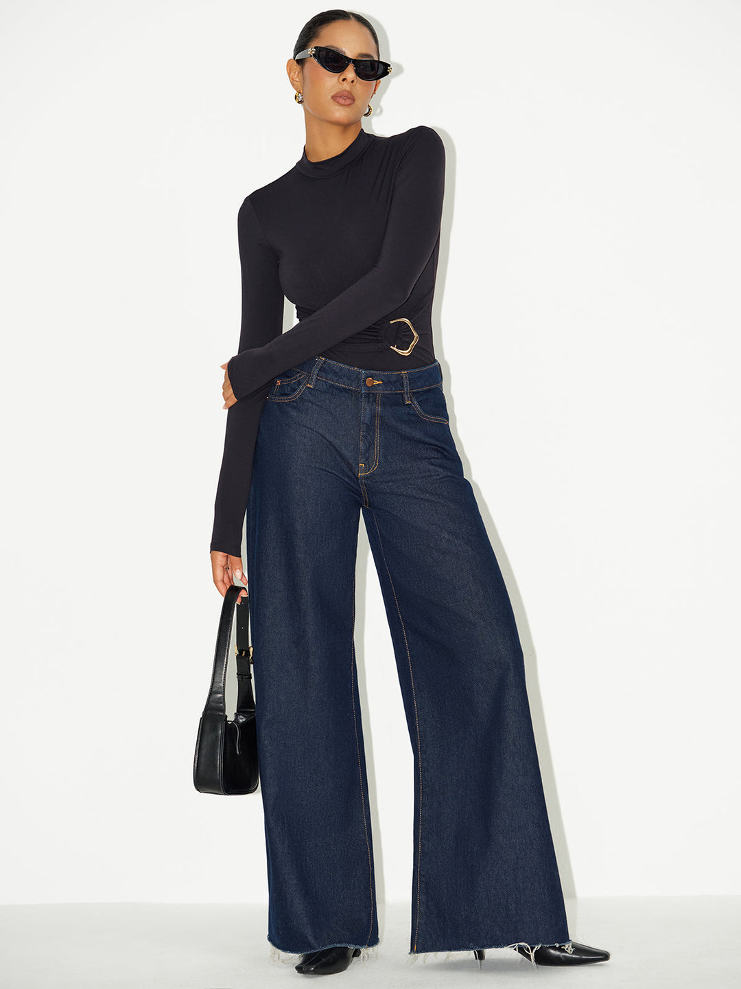 Metal Buckle Stand Collar Long Sleeve Bodysuit  Liora Lane Boutique Bodysuits