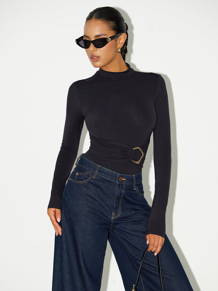 Metal Buckle Stand Collar Long Sleeve Bodysuit  Liora Lane Boutique Bodysuits
