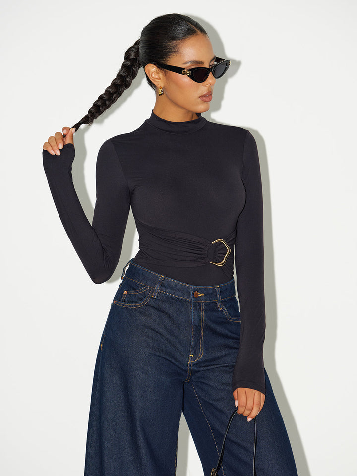 Metal Buckle Stand Collar Long Sleeve Bodysuit  Liora Lane Boutique Bodysuits