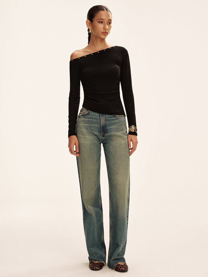 Studded Off Shoulder Long Sleeve T-Shirt  Liora Lane Boutique T-Shirts