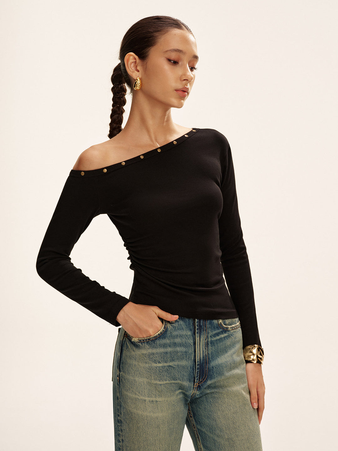 Studded Off Shoulder Long Sleeve T-Shirt  Liora Lane Boutique T-Shirts