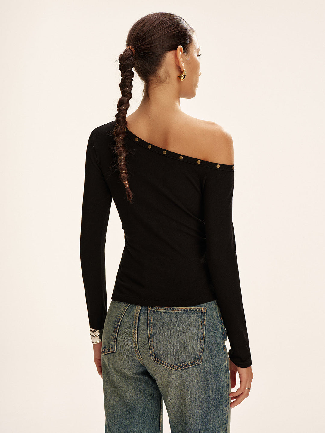 Studded Off Shoulder Long Sleeve T-Shirt  Liora Lane Boutique T-Shirts