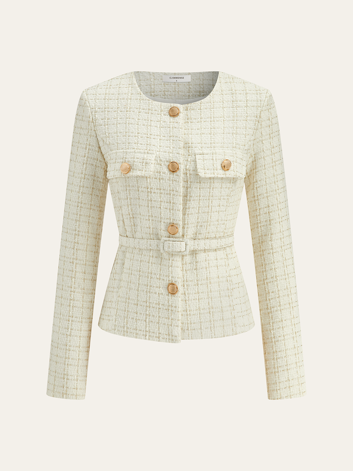 Metal Button Tweed Belted Blazer  Liora Lane Boutique Blazers Apricot / XL 167.00