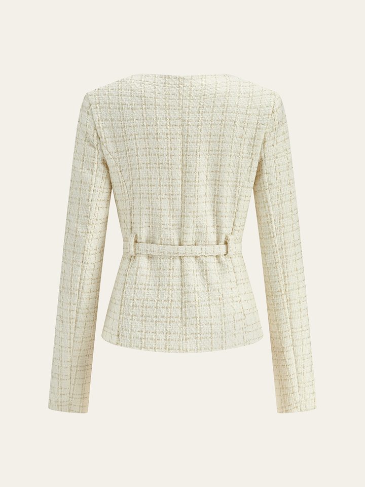 Metal Button Tweed Belted Blazer  Liora Lane Boutique Blazers