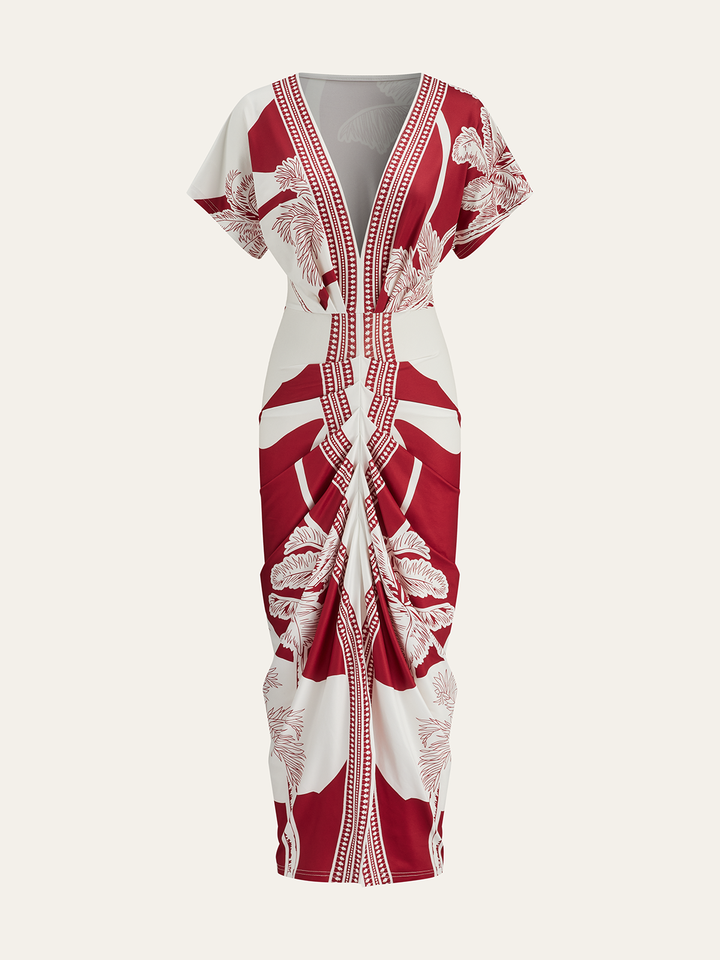 Printed Deep V-Neck Midi Dress Without Belt  Liora Lane Boutique Dresses Red / XL 35.00