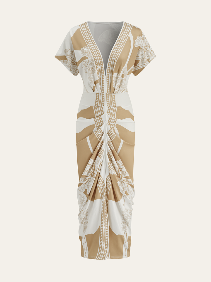 Printed Deep V-Neck Midi Dress Without Belt  Liora Lane Boutique Dresses Khaki / XL 35.00