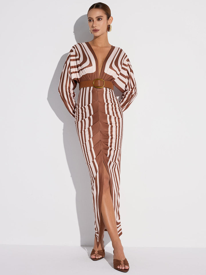 Striped Plunge Neck Slit Midi Dress without Belt  Liora Lane Boutique Dresses Brown / XL 36.00