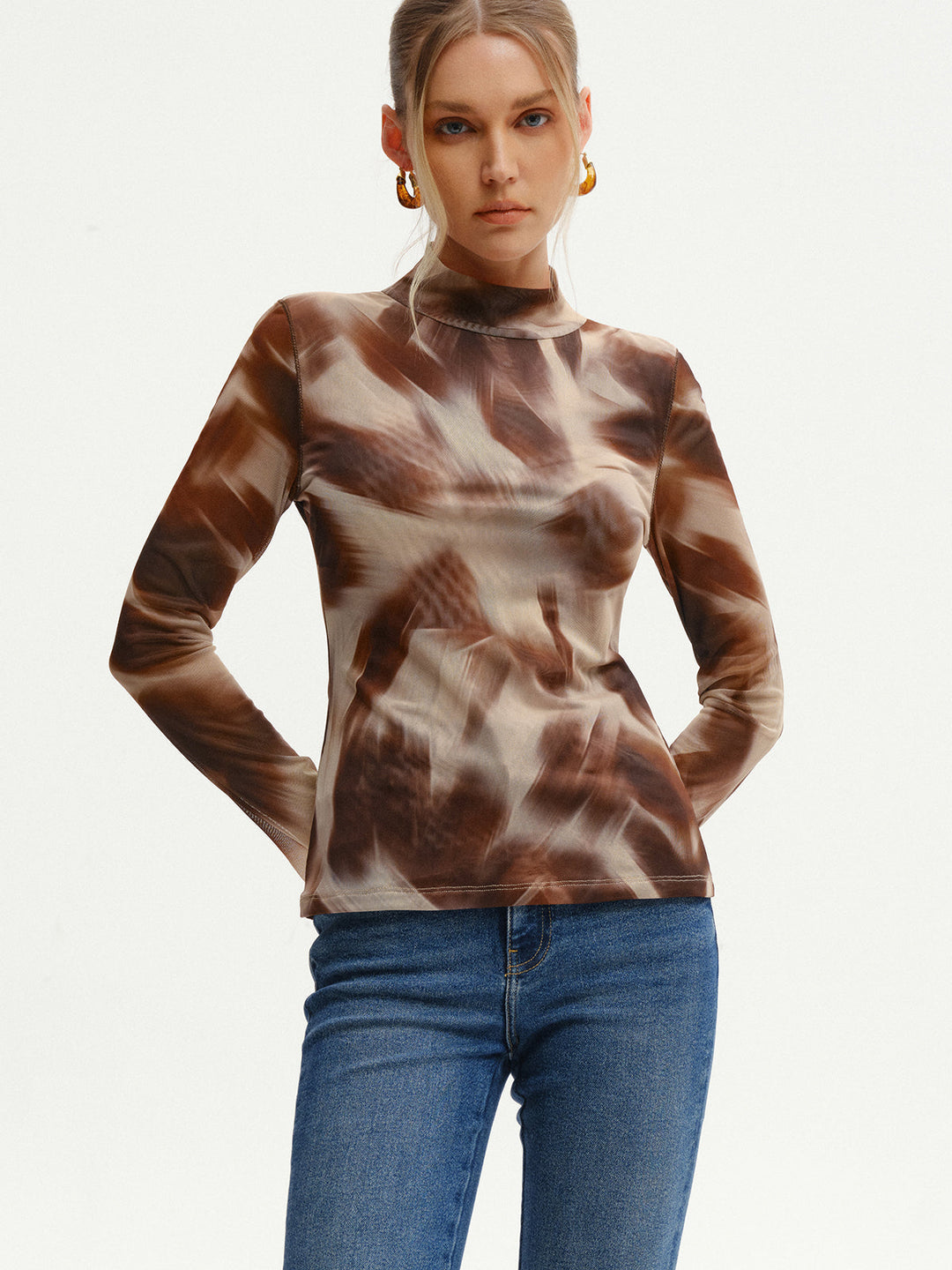 Abstract Print Mesh Long Sleeve T-Shirt  Liora Lane Boutique T-Shirts