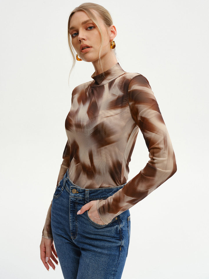 Abstract Print Mesh Long Sleeve T-Shirt  Liora Lane Boutique T-Shirts