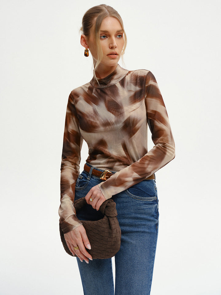 Abstract Print Mesh Long Sleeve T-Shirt  Liora Lane Boutique T-Shirts Light Brown / XL 25.00