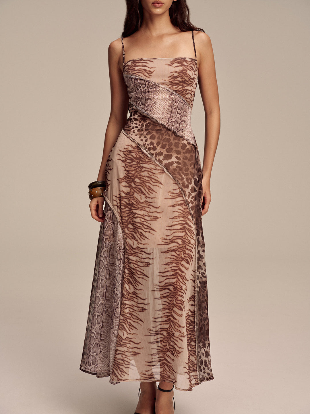 Animal Print Panel Semi-Sheer Mesh Maxi Dress  Liora Lane Boutique Dresses Dark Brown / XL 44.00
