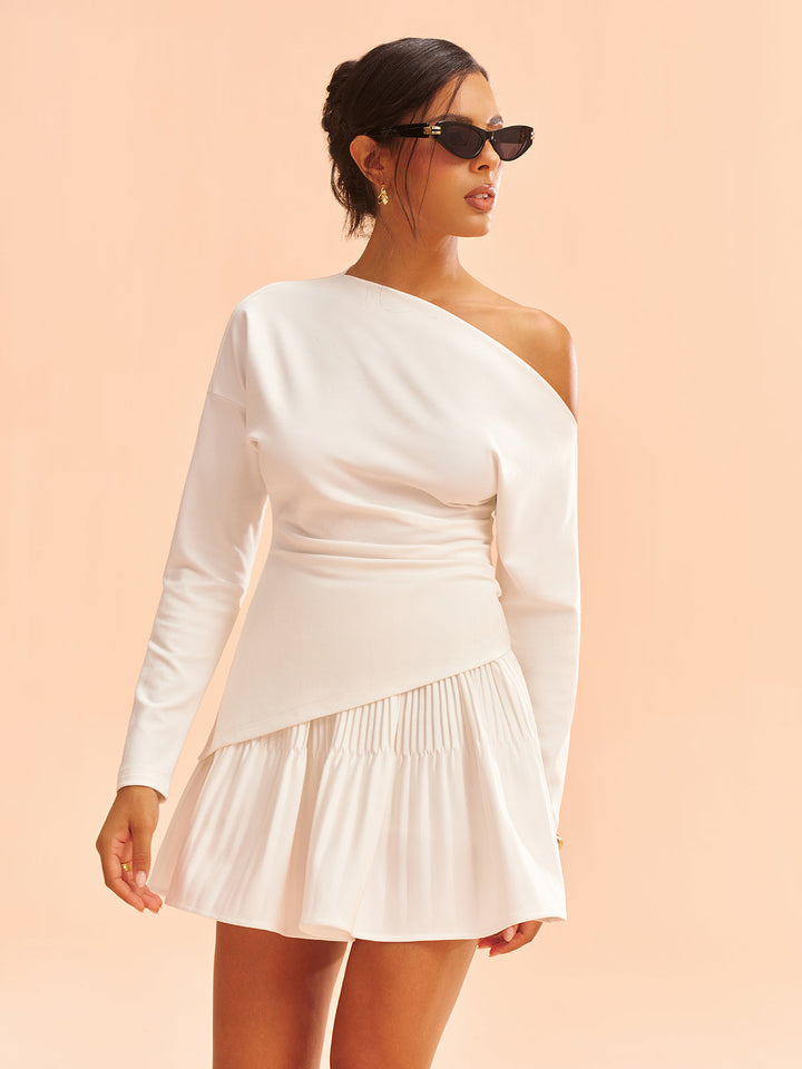 Asymmetric One-Shoulder Top and Ruffled Skirt Set  Liora Lane Boutique Skirt Sets White / XL 69.00