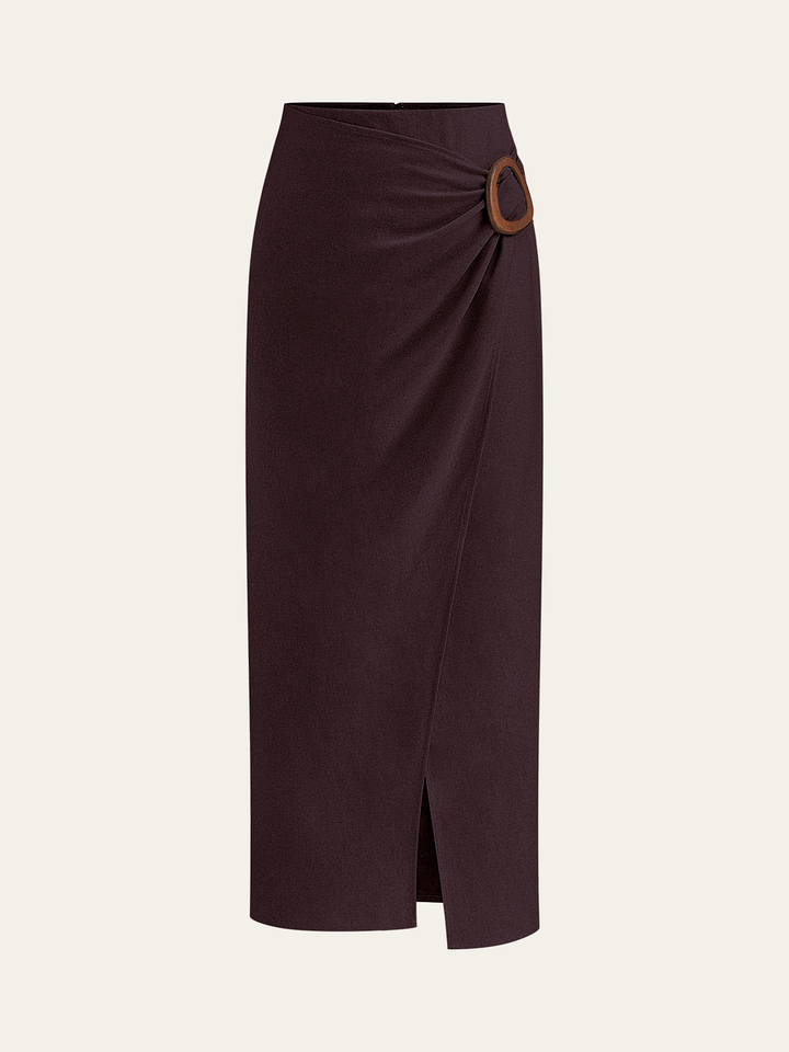 Linen Blend Wrap Midi Skirt with Wooden Buckle  Liora Lane Boutique Skirt Sets Dark Brown / XL 36.00