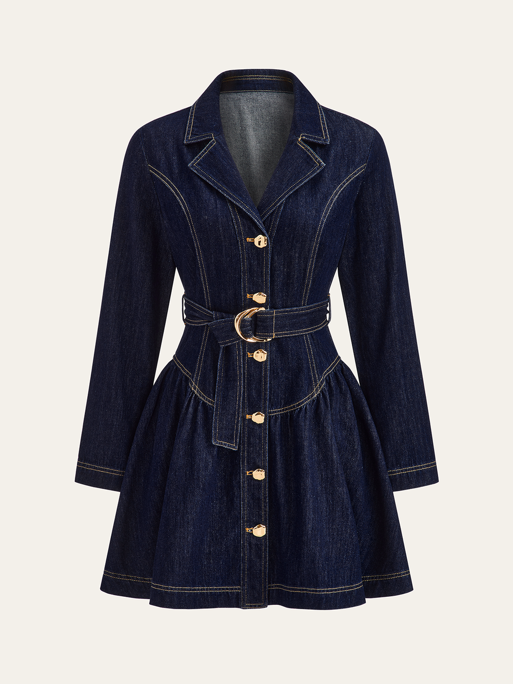 Metal Button Belted Denim Flare Mini Dress  Liora Lane Boutique Denim Dresses