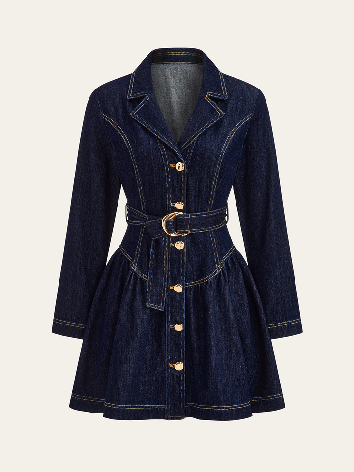 Metal Button Belted Denim Flare Mini Dress  Liora Lane Boutique Denim Dresses