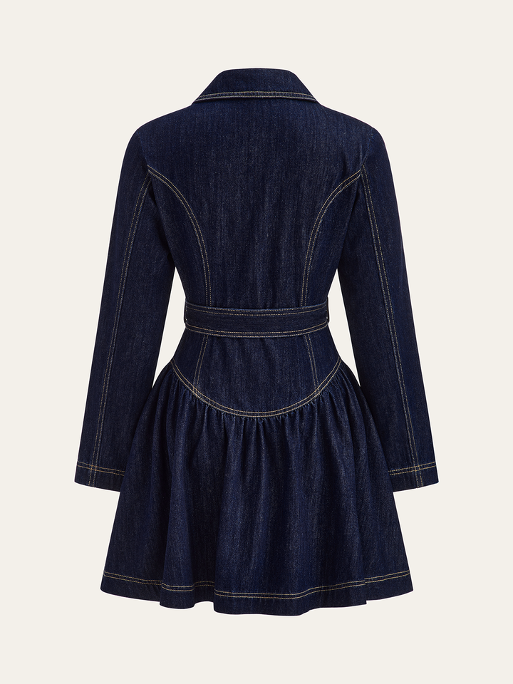 Metal Button Belted Denim Flare Mini Dress  Liora Lane Boutique Denim Dresses