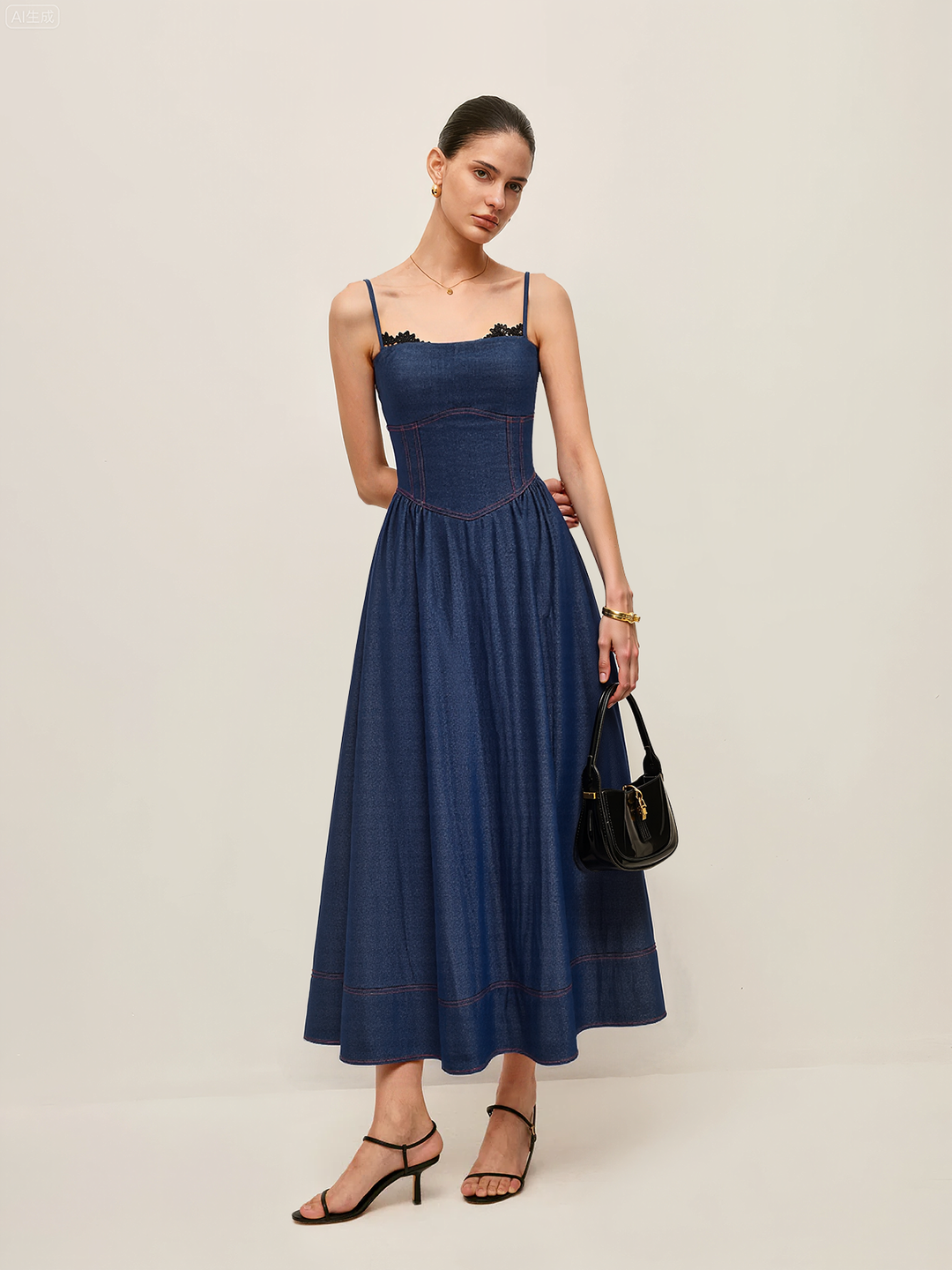 Lace Trim Denim Cami Maxi Dress  Liora Lane Boutique Dresses Blue / XL 94.99