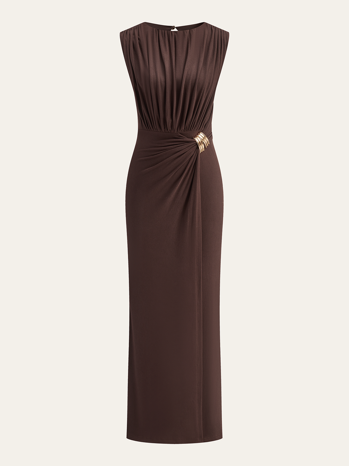 Metal Buckle Sleeveless Ruched Maxi Dress  Liora Lane Boutique Dresses
