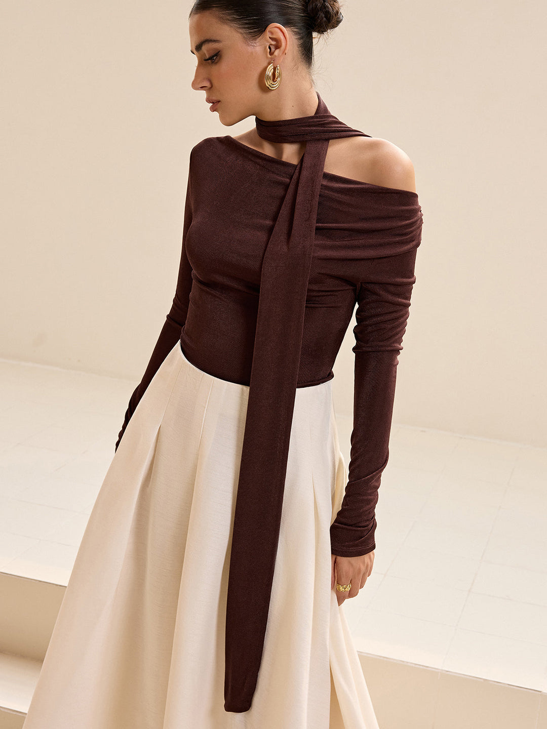 Asymmetric Neck Tie Detail Long-Sleeve T-Shirt  Liora Lane Boutique T-Shirts