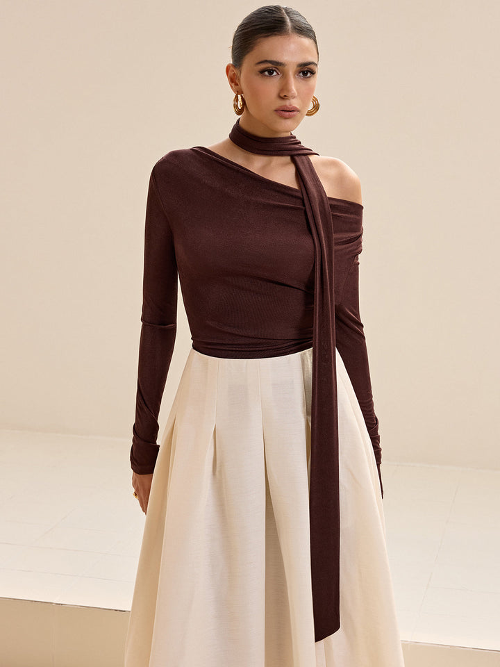 Asymmetric Neck Tie Detail Long-Sleeve T-Shirt  Liora Lane Boutique T-Shirts