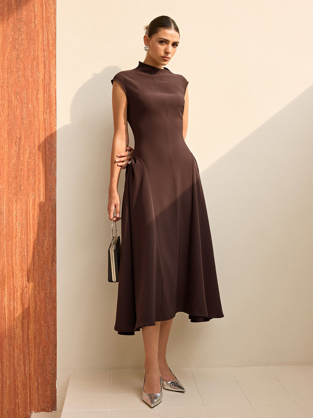 Asymmetrical Neck Cap Sleeve Maxi Dress  Liora Lane Boutique Dresses Dark Brown / XL 89.99