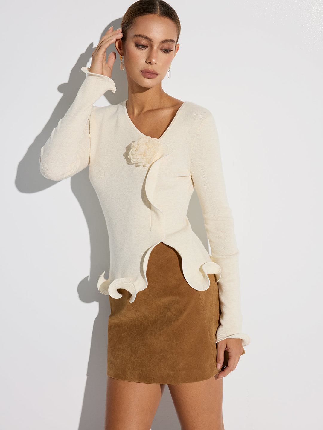 3D Floral Ruffled Hem Knit Top  Liora Lane Boutique Knit Tops