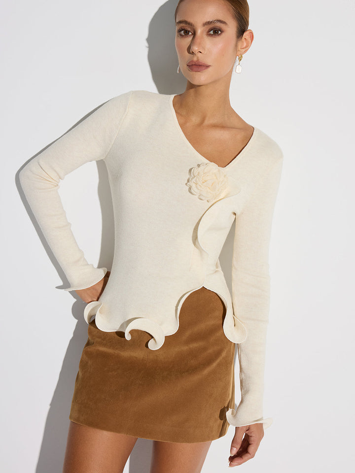 3D Floral Ruffled Hem Knit Top  Liora Lane Boutique Knit Tops