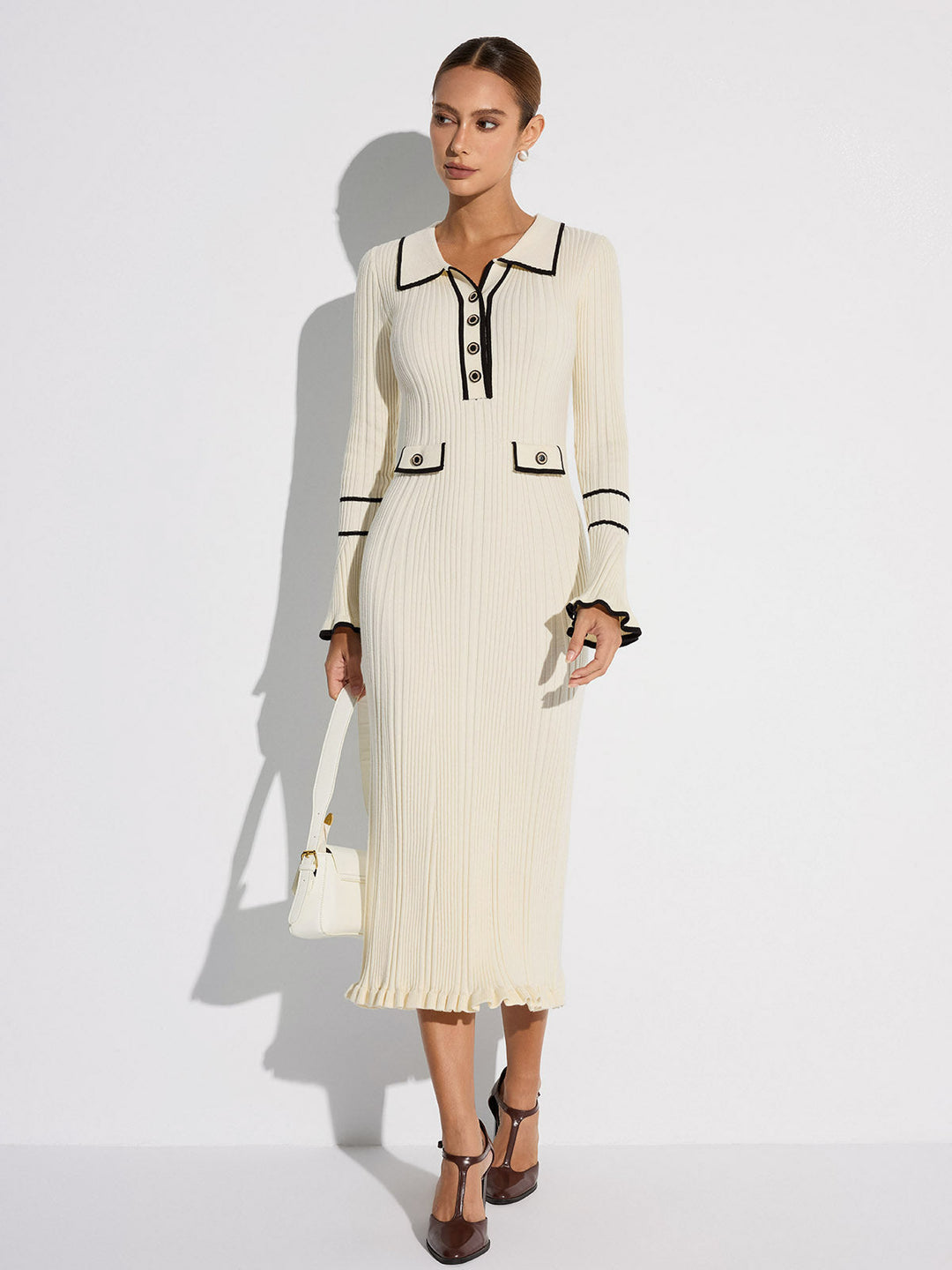 Contrast Trim Buttoned Ribbed Sweater Dress  Liora Lane Boutique Sweater Dresses Off-White / M 127.99