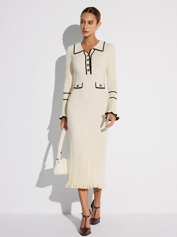Contrast Trim Buttoned Ribbed Sweater Dress  Liora Lane Boutique Sweater Dresses Off-White / M 127.99
