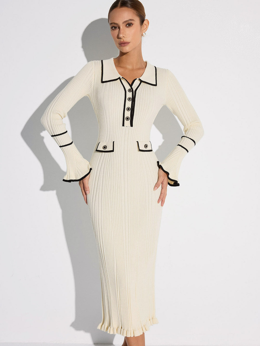 Contrast Trim Buttoned Ribbed Sweater Dress  Liora Lane Boutique Sweater Dresses
