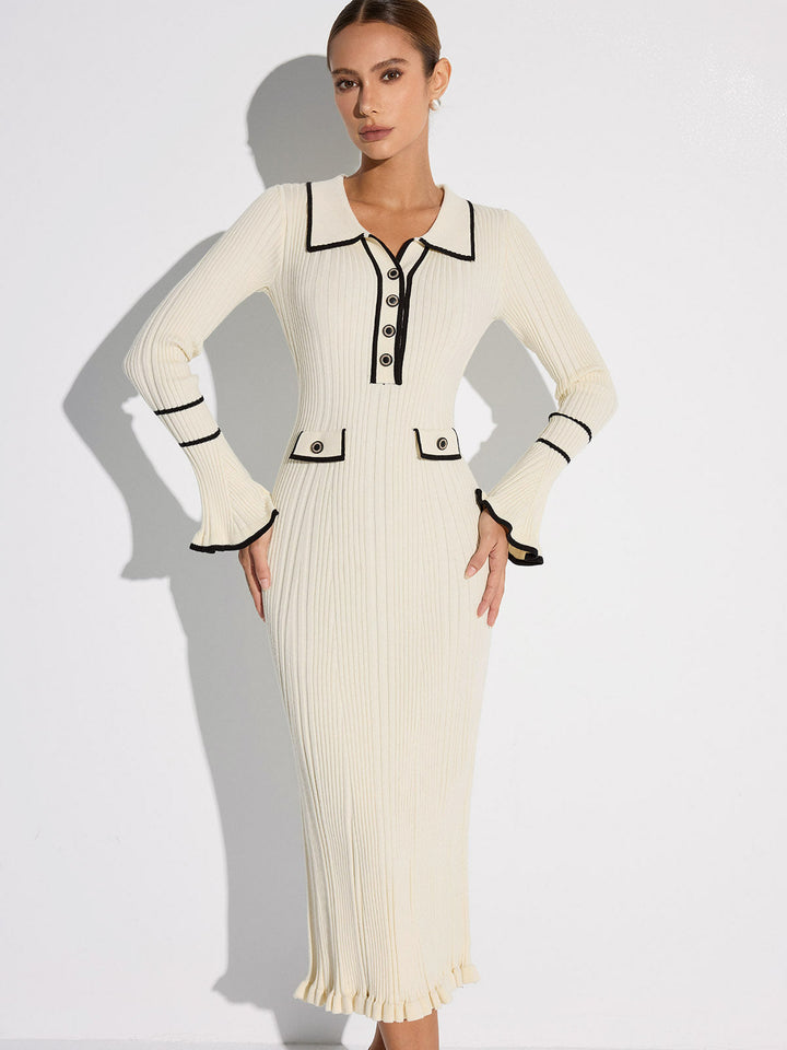 Contrast Trim Buttoned Ribbed Sweater Dress  Liora Lane Boutique Sweater Dresses