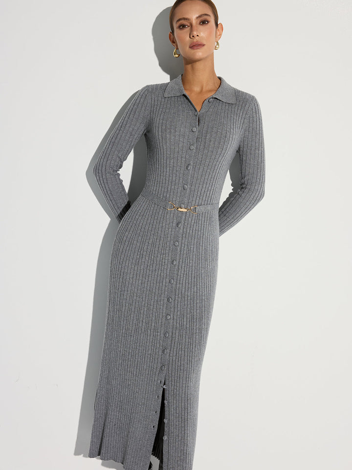 Ribbed Knit Polo Maxi Dress with Belt  Liora Lane Boutique Sweater Dresses