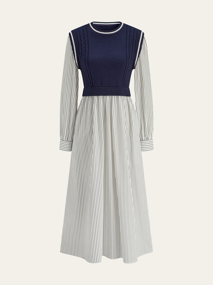 2 in 1 Cable-Knit Paneled Striped Midi Dress  Liora Lane Boutique Sweater Dresses Blue / XL 151.99